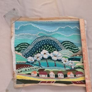 Hand Done Needlework Landscape Wall Art in Teal, Blue, Green